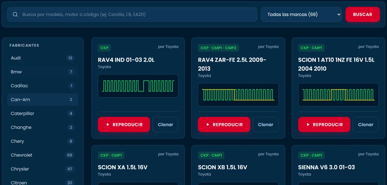 Banco de señales CKP/CMP: tarjetas con el patrón de cada motor